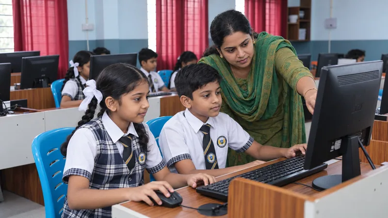 Children exploring a computer with teacher guidance